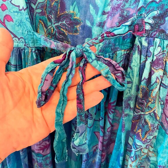 La Cera Cotton Dress, Blue Purple Floral Button-Front, Short Sleeve, size XL - Picture 3 of 7